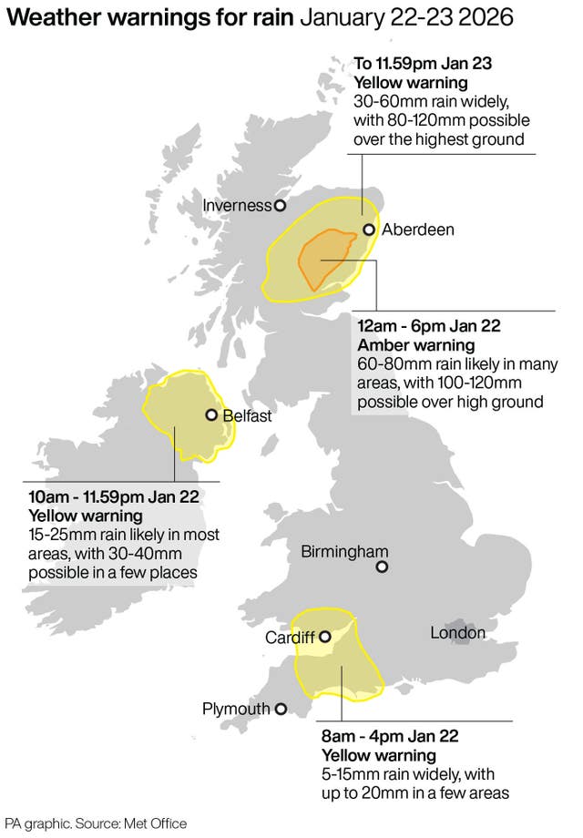 Map of the UK highlighting the areas affected by the weather warnings