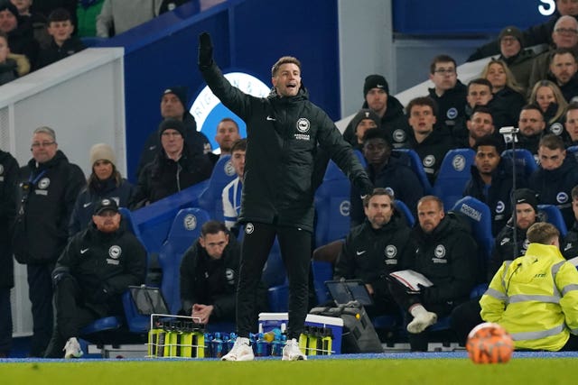 Brighton manager Fabian Hurzeler gestures on the touchline