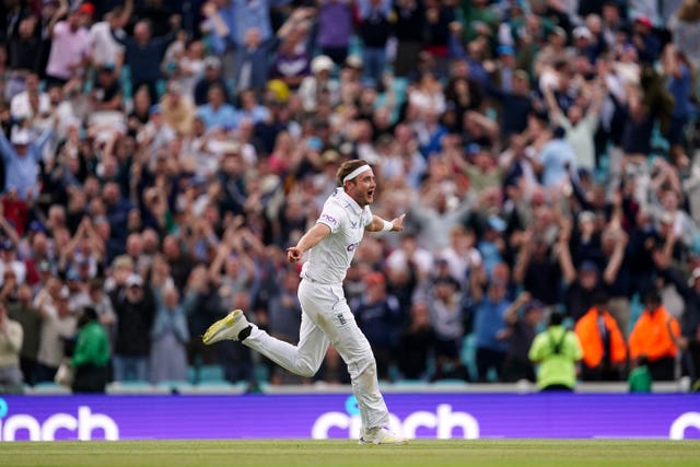 Stuart Broad celebrates taking the match-winning wicket in the summer's final Ashes Test at the Oval