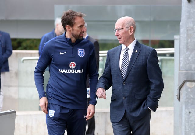England manager Gareth Southgate (left) and Sir Bobby Charlton during a training session
