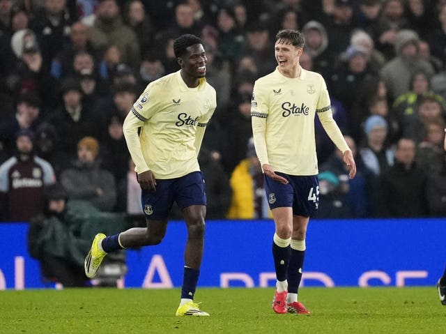 Everton’s Thierno Barry (left) celebrates with Harrison Armstrong