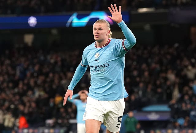 Erling Haaland celebrates his fifth goal in Manchester City's 7-0 win over RB Leipzig