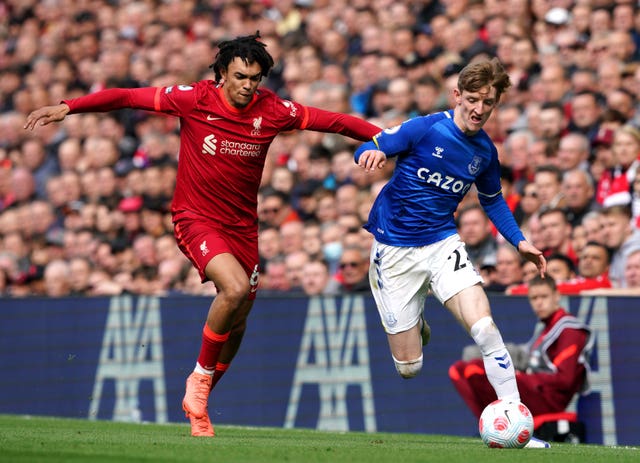 Liverpool’s Trent Alexander-Arnold (left) and Everton’s Anthony Gordon battle for the ball during the Premier League match at Anfield, Liverpool. Picture date: Sunday April 24, 2022