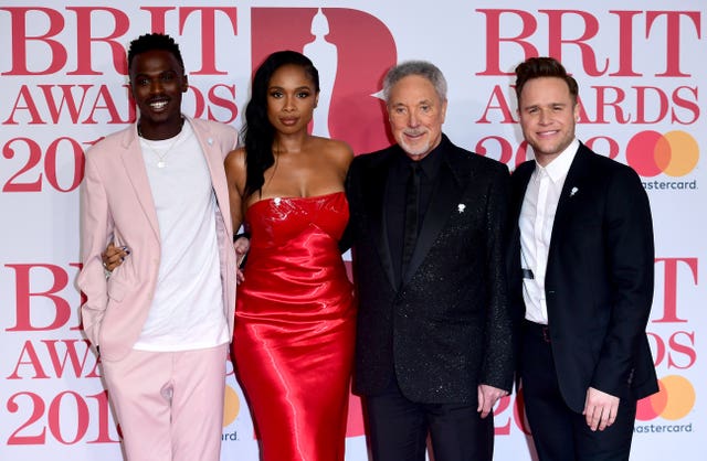 Mo Jamil, Jennifer Hudson, Sir Tom Jones and Olly Murs of The Voice at the Brits (Ian West/PA)