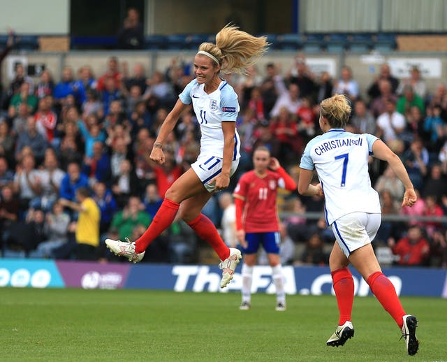 Daly jumps in the air as she celebrates scoring England's third goal of the game during the 2017 Uefa Women’s European Championship qualifying match 