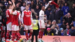 Arsenal goalscorer Gabriel (white top) and team-mates celebrate after the Premier League match at Stamford Bridge, London. Picture date: Sunday November 6, 2022.