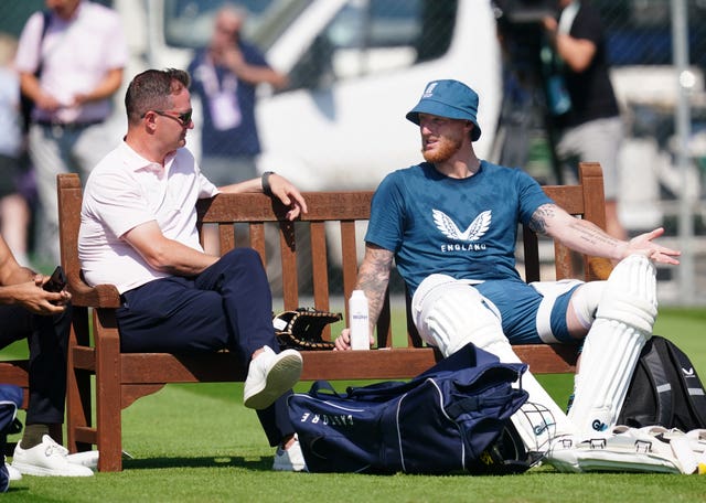 Rob Key, left, and Ben Stokes take a break during a nets session at Edgbaston 