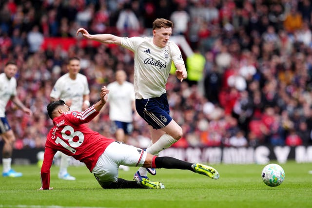 Nottingham Forest’s Elliot Anderson (right) is tackled by Manchester United’s Casemiro 