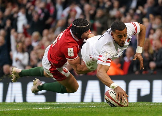 Anthony Watson scores England's opening try in Cardiff