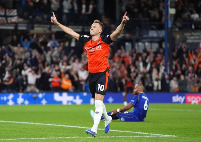 Cauley Woodrow celebrates Luton's goal against Wimbledon