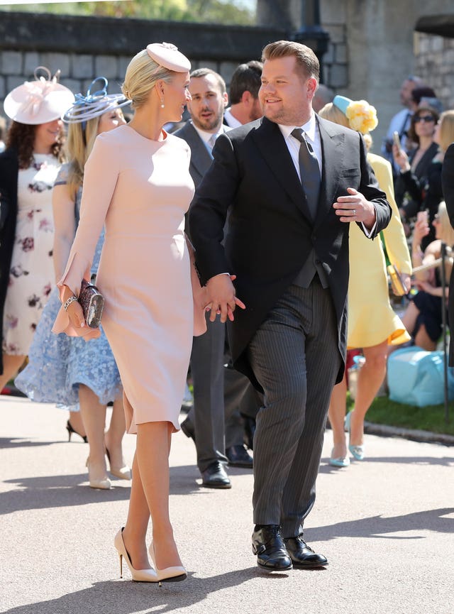 James Corden and wife Julia Carey attending Harry and Meghan's wedding. Gareth Fuller/PA Wire