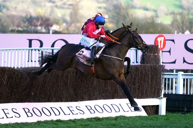 A Plus Tard over the last at Cheltenham last season 