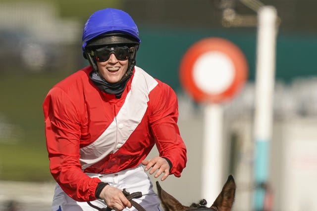 Rachael Blackmore celebrates after steering Allaho to win the Ryanair Chase 