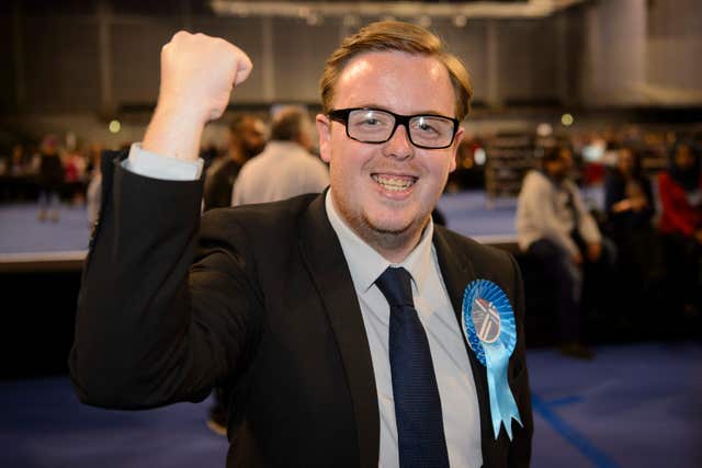 Scottish Conservative Candidate Thomas Kerr is announced as winning the former Labour stronghold seat of Shettleston, Glasgow, as the results of the local elections are announced at the Emirates Stadium in Glasgow