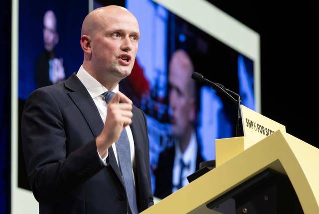 SNP Westminster leader Stephen Flynn delivers his address at the SNP Annual National Conference at the Edinburgh International Conference Centre