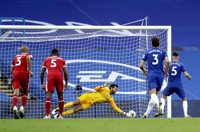 Jorginho's penalty is saved by Liverpool goalkeeper Alisson Becker
