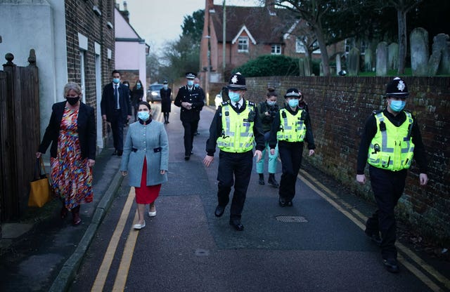 Home Secretary Priti Patel with new police recruits during a foot patrol with them around Bishop’s Stortford, Hertfordshire