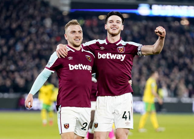 Jarrod Bowen, left, and Declan Rice celebrate a goal for West Ham