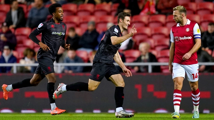 Matty Virtue, centre, celebrates his opening goal (Nick Potts/PA)