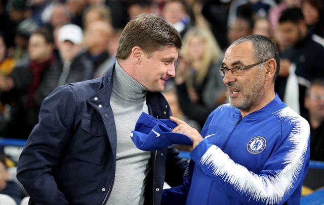 Bate manager Alyaksey Baha and Chelsea counterpart Maurizio Sarri