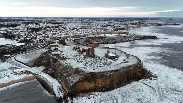 Overnight snow covers Tynemouth Priory in North Tyneside 