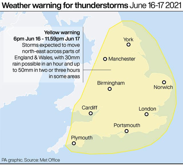 Weather warning for thunderstorms June 16-17 2021