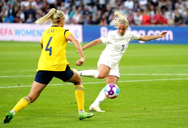 England’s Beth Mead scores her sides first goal of the game against Sweden
