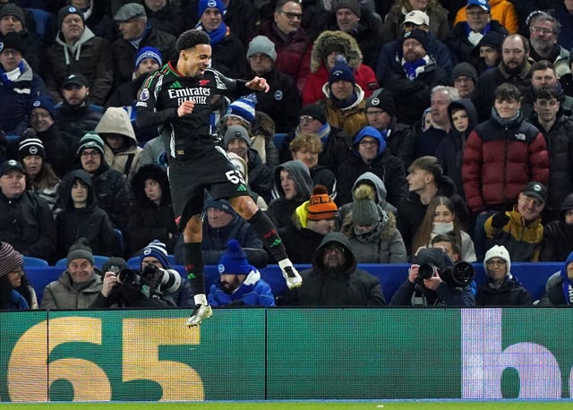 Ethan Nwaneri celebrates his goal for Arsenal against Brighton