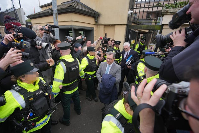 Former DUP leader Sir Jeffrey Donaldson leaving Newry Magistrates’ Court after an earlier hearing