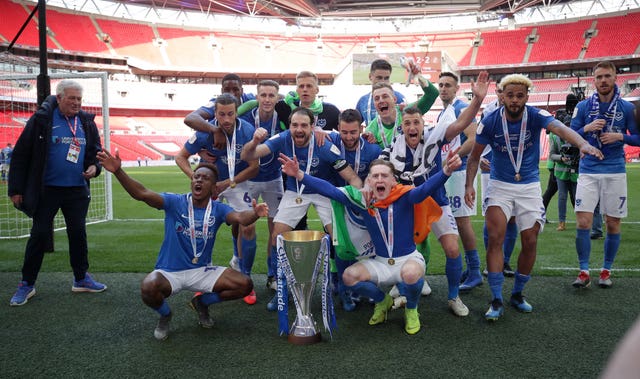 Portsmouth players celebrate winning the EFL Trophy in 2019 