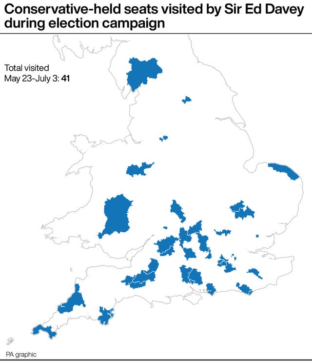 A map showing Conservative-held seats visited by Sir Ed Davey the during election campaign