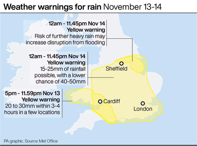 Weather warnings for rain November 13-14