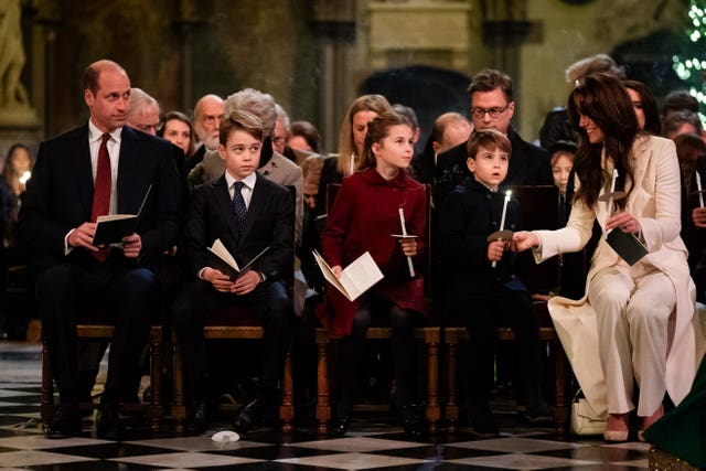  The Prince of Wales, Prince George, Princess Charlotte, Prince Louis and the Princess of Wales during the Royal Carols - Together At Christmas service at Westminster Abbey in London in December 