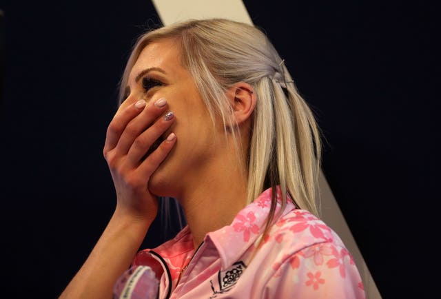 Fallon Sherrock celebrates reaching the third round of the PDC World Championship