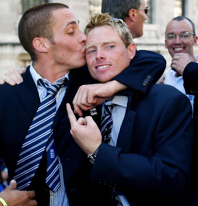 England’s Simon Jones kisses Bell during the parade in Trafalgar Square that followed the 2005 Ashes win 