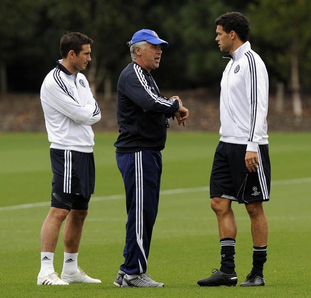 Carlo Ancelotti, centre, managed Frank Lampard, left, at Chelsea between 2009 and 2011 (Rebecca Naden/PA)