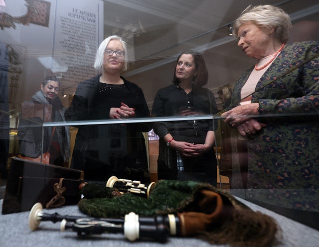 Baroness Fiona Twycross views a display during her visit to Morpeth Bagpipe Museum