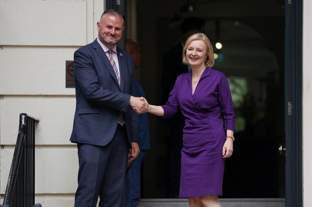 Liz Truss and Conservative Party chairman Andy Stephenson at  Conservative Campaign Headquarters (CCHQ) in London, following the announcement that she is the new Conservative Party leader and will become the next prime minister